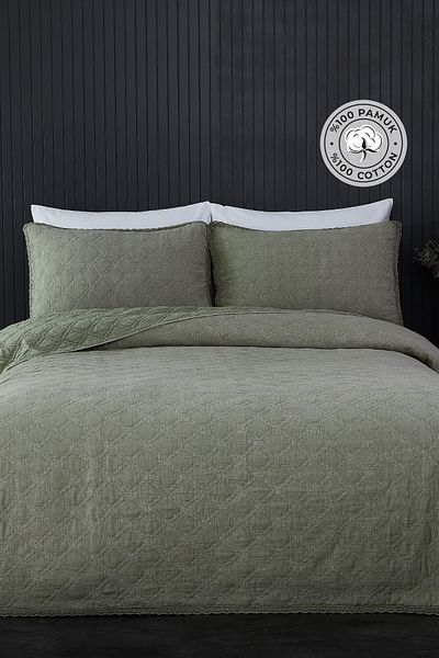 Evlen Home Collection 100% Cotton Double Pique Set Special Stone Washed Bedspread Barbara 3 Piece Luxury Soft Green