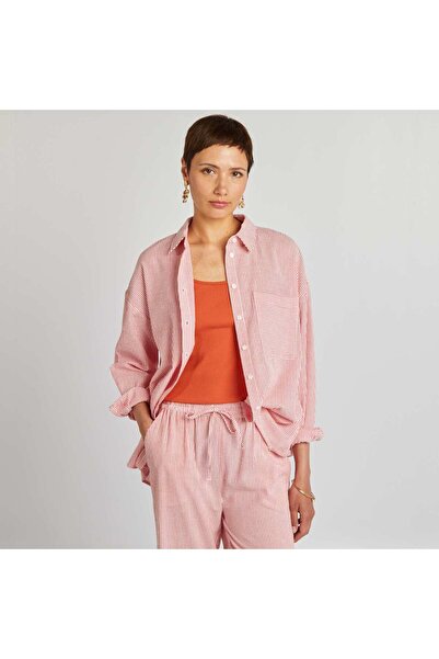 KIABI قميص مخطط بأكمام طويلة باللون الأبيض