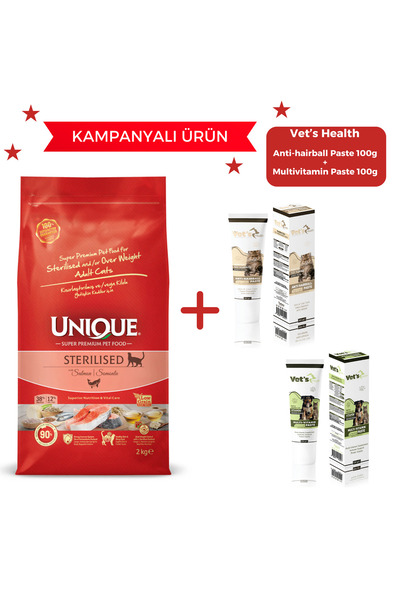 Unique Somonlu Kısırlaştırılmış Kedi Maması 1.5 kg + Antihairball Paste ve Mu...