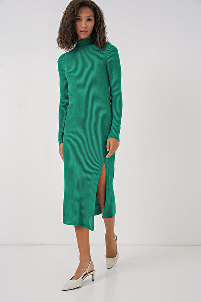 Bigdart 15828 Slit Knitwear Dress - Green
