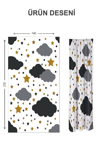 Doruklar Home Collection Digital Printing Washable Cloud Pattern 2 Wings Baby and Children's Room Background Curtain