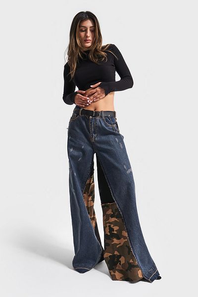 its basic Blugi Camuflaj - Denim tricotat Palazzo cu centură pentru femei