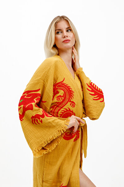MONO %100 pamuk natural dragon / ejderha baskılı müslin kimono