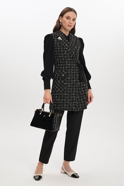 Zühre Tweed Patterned Accessory Detailed Black Double Suit Tk-1389