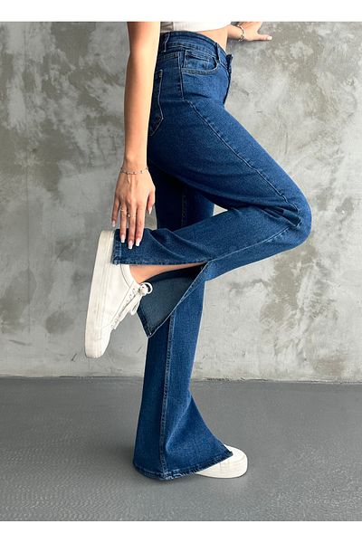 Linarose Pantaloni din denim cu picior tubular, cu tăietură relaxată, talie înaltă, cu detaliu cu fante - Blugi Victoria Slim
