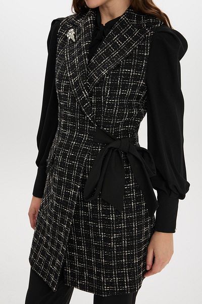 Zühre Tweed Patterned Accessory Detailed Black Double Suit Tk-1389
