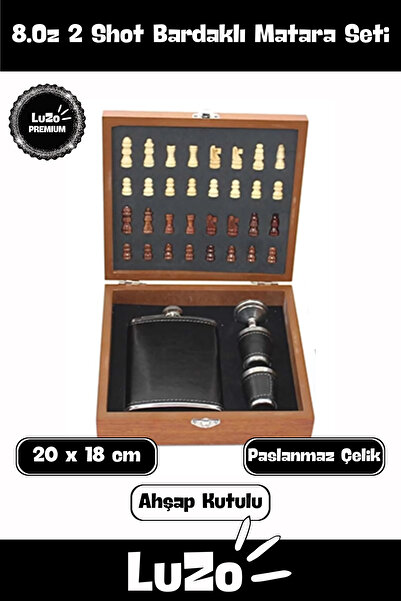 Genel Markalar Premium Paslanmaz Çelik 8.Oz 2 Shot Bardaklı Ahşap Kutulu Satrançlı Alkol Deri Matara Seti 20x18 cm