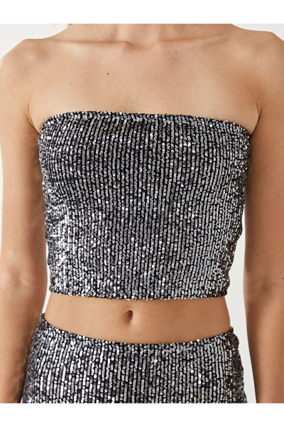 LC Waikiki Xside Gray Strapless Collar Sequined Women's Crop