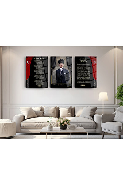glassartdesign Atatürk 3'lü Set Cam Tablo- Atatürk Tablosu - İstiklal Marşı T...