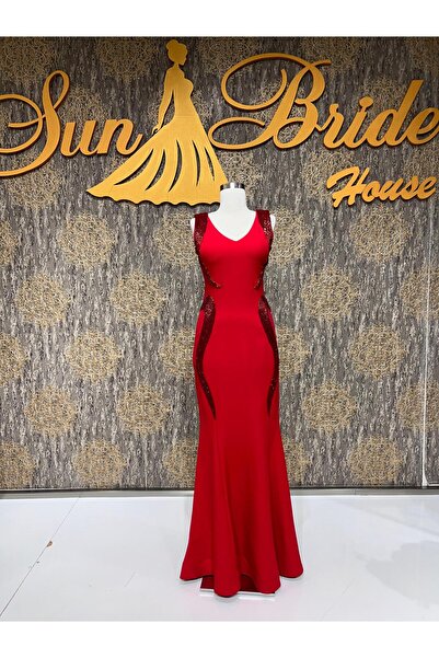 MODA Kırmızı Taş İşlemeli Balık Model Abiye Elbise