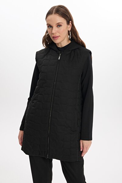 Zühre Hooded Quilted Patterned Black Vest Blouse Double Suit Tk-1347