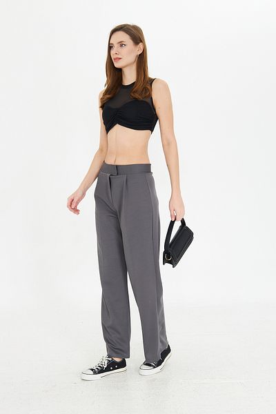Kutaf High Waist Dark Gray Woven Trousers - Wide Leg, Velcro Closure and Pleat Detail