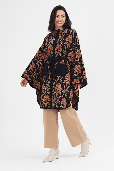 Uludağ Triko Women's Navy Blue Belt Detailed Ethnic Pattern Knitwear Poncho
