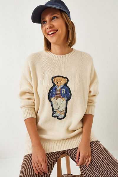 Bianco Lucci Women's Teddy Bear Printed Oversize Knitwear Sweater 60261131