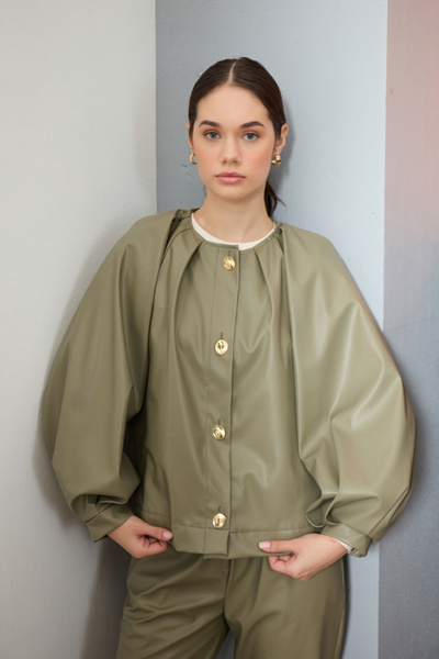 Birgül Bektaş Mint Yeşili Balon Kol Deri Ceket