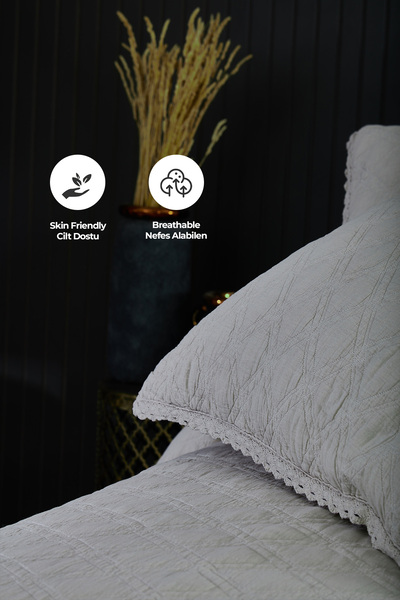 Evlen Home Collection %100 Pamuk Çift Kişilik Pike Takımı Özel Taş Yıkama Yatak Örtüsü Barbara 3 Parça Lüks Yumuşak Bej