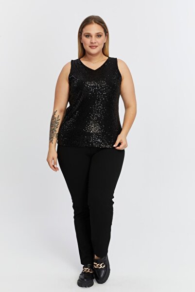 RMG Plus Size Zero Sleeve Black Blouse with Sequins