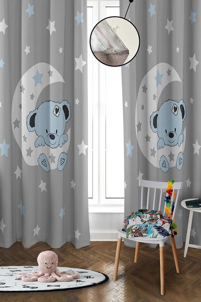 Doruklar Home Collection Digital Printing Washable Teddy Bear Pattern 2 Wings Baby and Children's Room Background Curtain