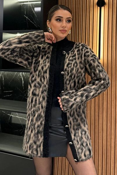 GÜLSELİ Black and Beige Women's Leopard Decorated Sweater Cardigan