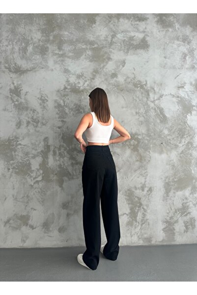 Linarose Kadın Siyah Bol Kesim Geniş Paça Rahat Boyfriend Baggy Jean Pantolon