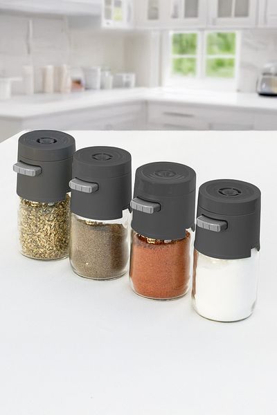 ATA HOME New Generation Dosing 4-Piece Black Sugar Bowl Pepper Bowl Button Press Salt Bowl Spice Bowl Set