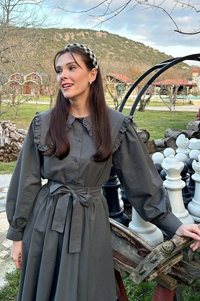 Ceylan Otantik Anthracite Balloon Skirt & Anthracite Collar Ruffled Crop Shirt Set