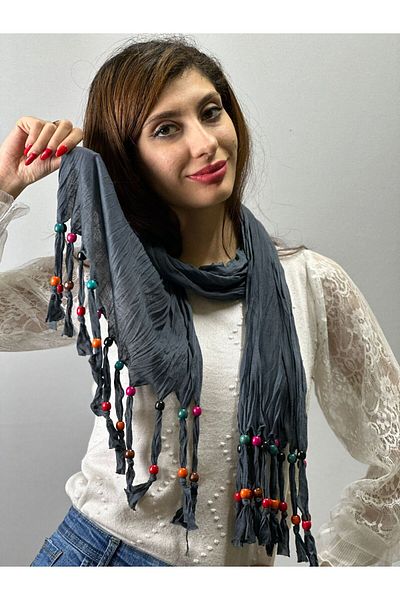 Gönülden Tasarım Women's Scarf with Smoke Color - 160X40 Cm, Wood Beaded Pencil Neck Shawl