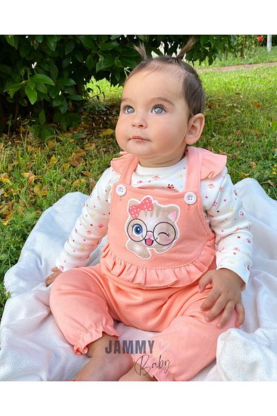 Jammybaby Cat Embroidered Frilly 100% Cotton Baby Girl Salopet Jumpsuit and Paw Patterned Inner Bodysuit Set