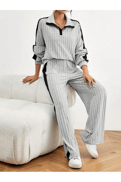 Moda Monisa Color Block Camisole Casual Pants Set & Long Sleeve Lapel Detailed Wide Leg Trousers