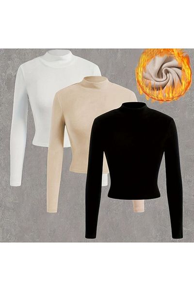 ÖZ PAMUK Women's 3-Piece Corduroy 100% Cotton Turtleneck Knitted Camisole Long Sleeve Crop Blouse