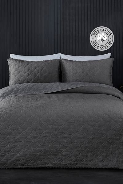 Evlen Home Collection 100% Cotton Double Pique Set Special Stone Washed Bedspread Barbara 3 Piece Soft Anthracite