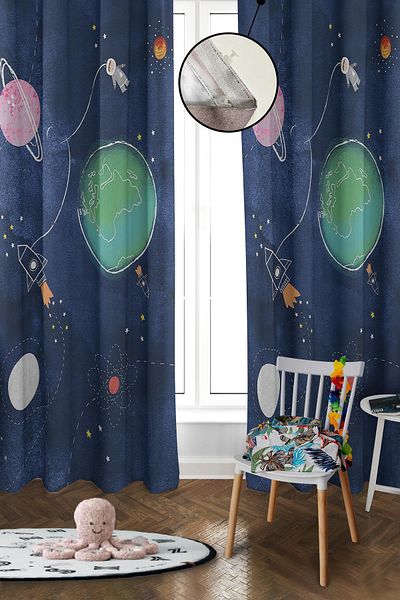 Doruklar Home Collection Digital Printing Washable Space Pattern 2 Wings Baby and Children's Room Background Curtain