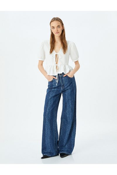 Koton Crew Neck - Balloon Sleeve Lace up Blouse Cinch