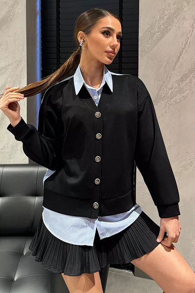 GÜLSELİ Women's Black Cardigan Combination Shirt