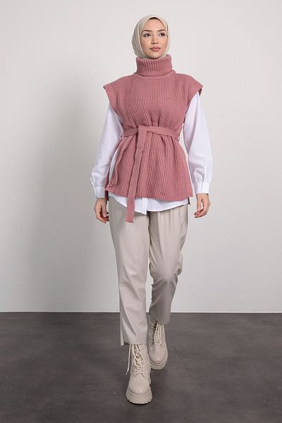 Tesettür Diyarı Turtleneck Belt Detailed Hijab Sweater