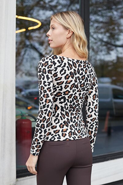 Jument Beige Leopard Print Lycra Camisole Body - Boat Neck, Long Sleeve