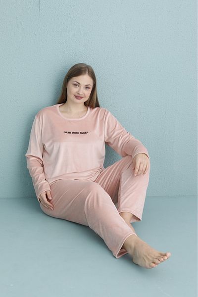 Elit Set de pijamale de damă din catifea Need More Sleep Text Printed Plus Size