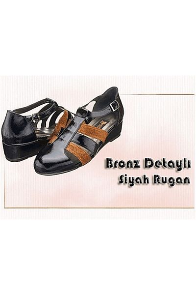 İriadam 41-42-43-44 Numbers K0320 Black Patent Leather Copper Detailed Belted Wedge Large Size Women's Shoes