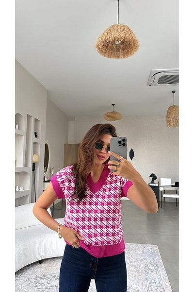 Buket Teke Bluză din tricotaje cu picior de găin fucsia
