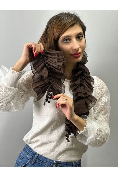 Gönülden Tasarım Кафяв дамски шал с помпон и волан, 90x15, аксесоар за облекло