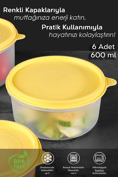 Meleni Home Set of 6 Yellow Round Food Storage - Food Organizer Container 6X600Ml