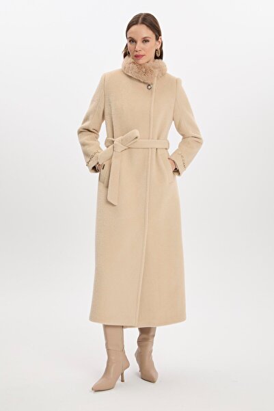 Zühre Fur Collar Belted Long Beige Coat 13631