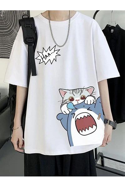 Touz Moda Tricou unisex Shark & Cat White