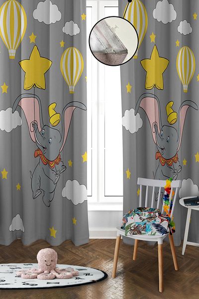 Doruklar Home Collection Digital Printing Washable Elephant Pattern 2 Wings Baby and Children's Room Background Curtain