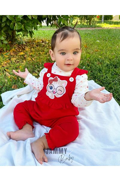 Jammybaby Cat Embroidered Frilly 100% Cotton Baby Girl Salopet Jumpsuit and Paw Patterned Inner Bodysuit Set