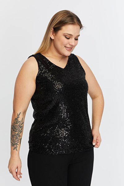 RMG Plus Size Zero Sleeve Black Blouse with Sequins