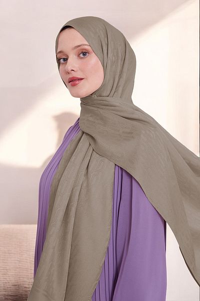 ihvanonline Γυναικείο σάλι Hijab με αλυσίδα με μπλε ζακάρ σχέδιο - ανοιχτό καφέ