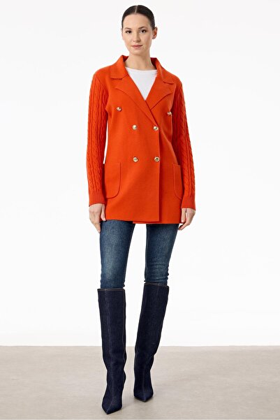 Tığ Triko Kolları Saç Örgülü Triko Blazer Ceket ORANJ
