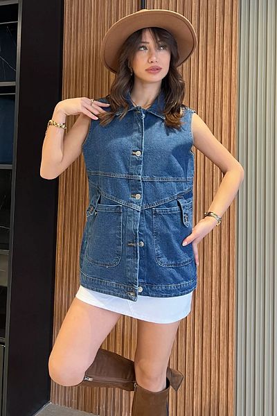 GÜLSELİ Navy Blue Women's Jean Jeans Vest