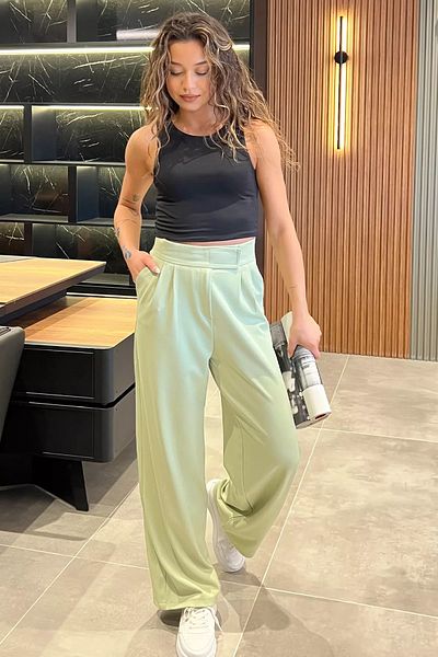 GÜLSELİ Mint Women's High Waist Velcro Wide Leg Palazzo Trousers